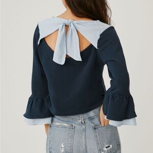 Chic Navy Blouse with Bow Accent